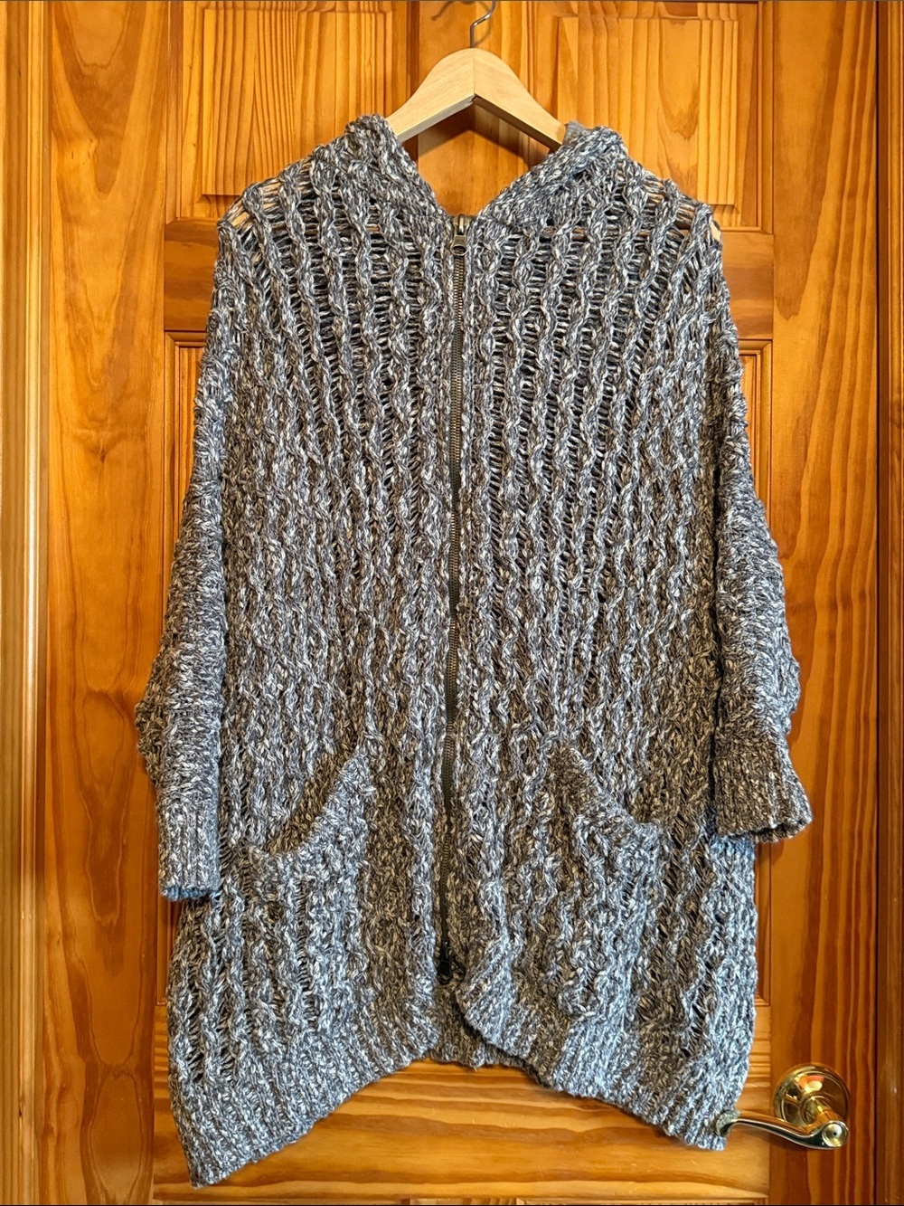 Free People Gray Marled Open-Knit Hooded Zip Cardigan